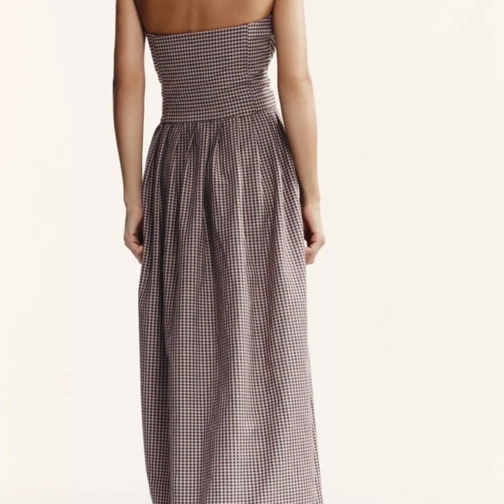NWT Zara Strapless Gingham Patterned Midi Dress in Burgundy/White - S - Picture 6 of 16